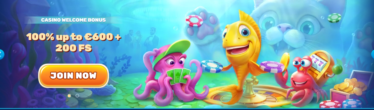 nderwater-themed casino promotion showing a smiling yellow fish spinning a wheel, a purple octopus holding cards, and a red crab slot-machine character surrounded by chips.