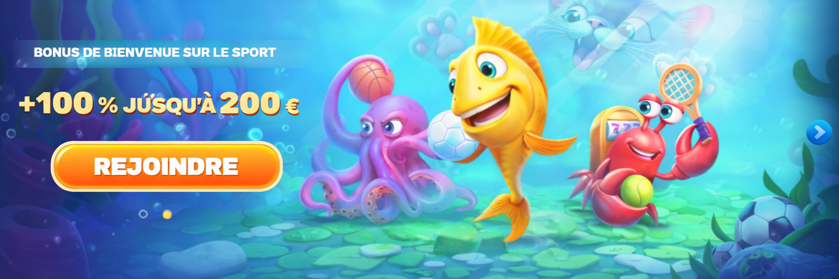 nderwater-themed casino promotion showing a smiling yellow fish spinning a wheel, a purple octopus holding cards, and a red crab slot-machine character surrounded by chips.