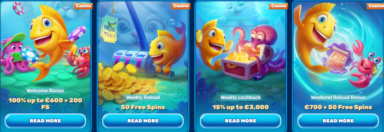 Cartoon yellow fish with a green turtle in a purple shell full of cash, coins, and reward cards, promoting